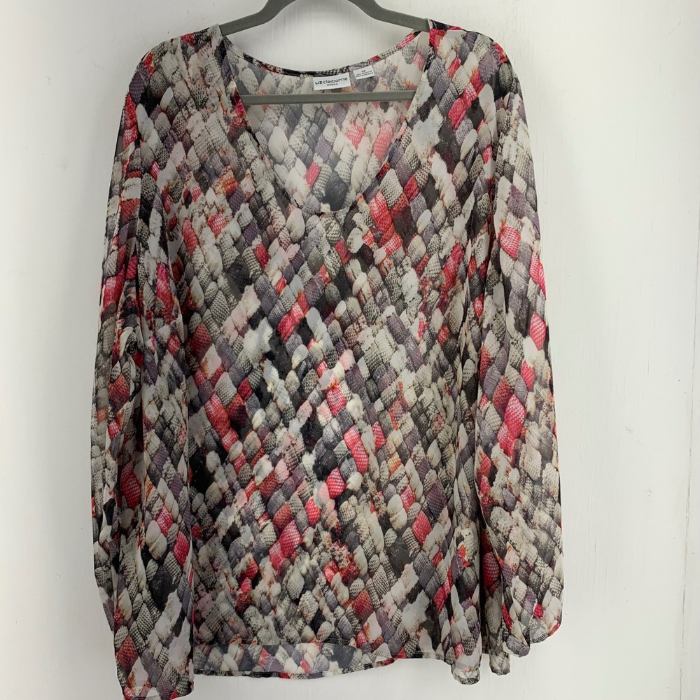 Liz Claiborne Woman 3X V-Neck Blouse Red Black Woven Mosaic Print Long Sleeve